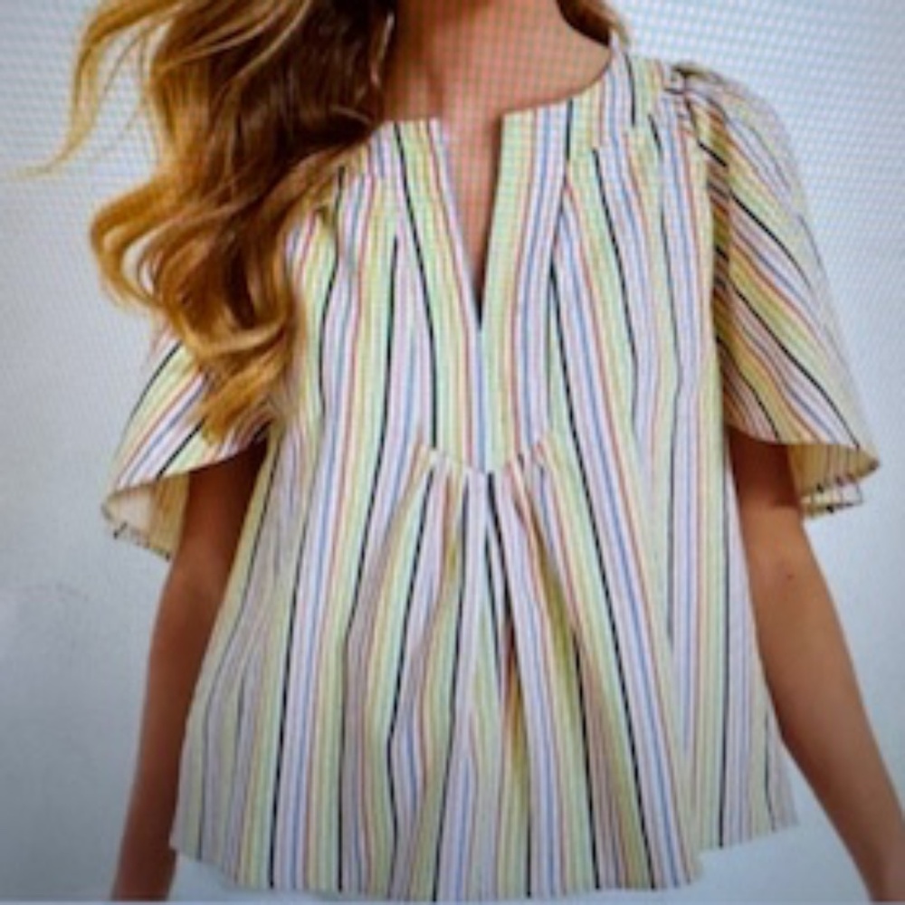 Tuckernuck Pomander Place Rainbow Stripe Finley Flutter Sleeve Top- Small